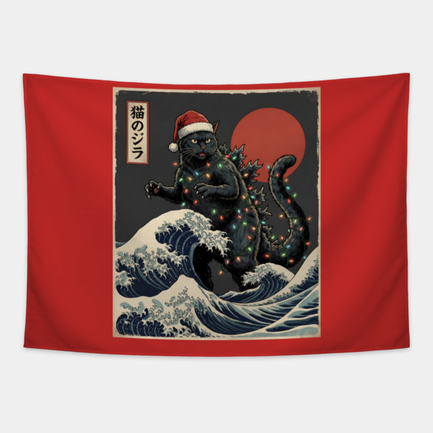 Catzilla Cat Japanese With Santa Hat and Christmas Lights Tapestry by Creatifly Graphic Tees