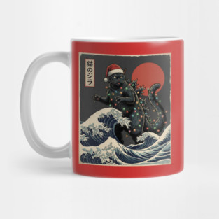 Catzilla Cat Japanese With Santa Hat and Christmas Lights Mug