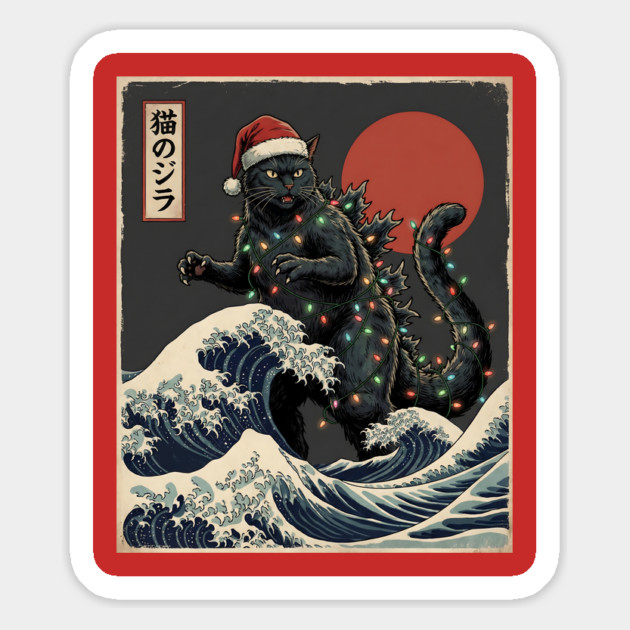 Catzilla Cat Japanese With Santa Hat and Christmas Lights Magnet by Creatifly Graphic Tees