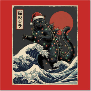 Catzilla Cat Japanese With Santa Hat and Christmas Lights Posters and Art