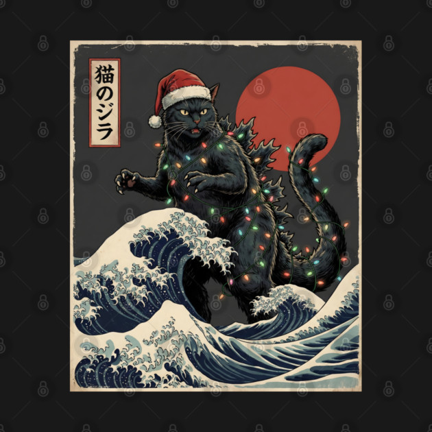 Catzilla Cat Japanese With Santa Hat and Christmas Lights by Creatifly Graphic Tees