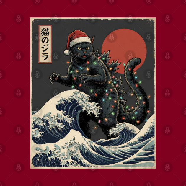 Catzilla Cat Japanese With Santa Hat and Christmas Lights by Creatifly Graphic Tees