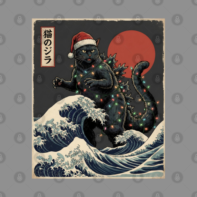 Catzilla Cat Japanese With Santa Hat and Christmas Lights by Creatifly Graphic Tees