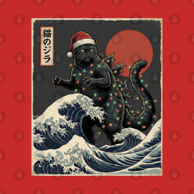 Catzilla Cat Japanese With Santa Hat and Christmas Lights by Creatifly Graphic Tees