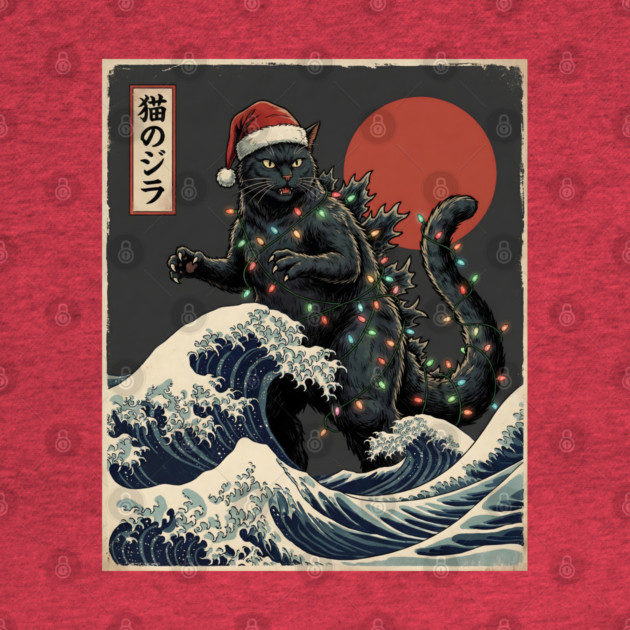 Catzilla Cat Japanese With Santa Hat and Christmas Lights by Creatifly Graphic Tees