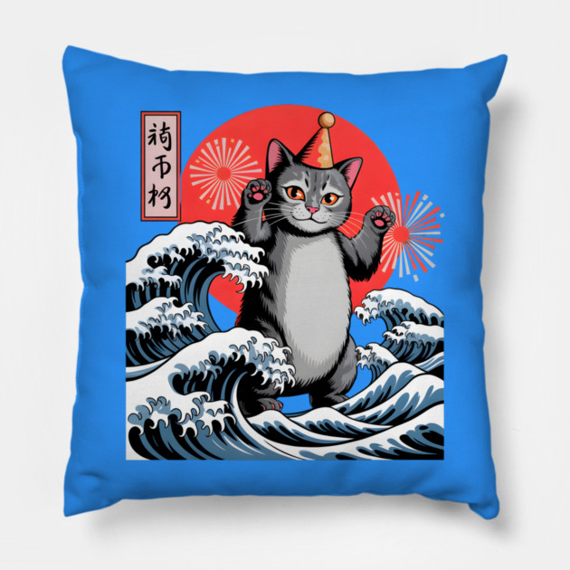 Catzilla New Year 2026 Celebration Pillow by Creatifly Graphic Tees