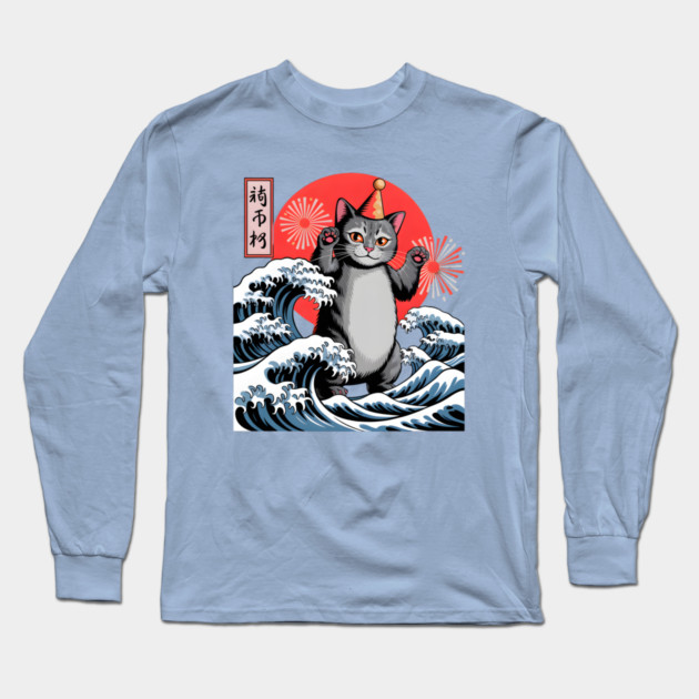 Catzilla New Year 2026 Celebration Long Sleeve T-Shirt by Creatifly Graphic Tees
