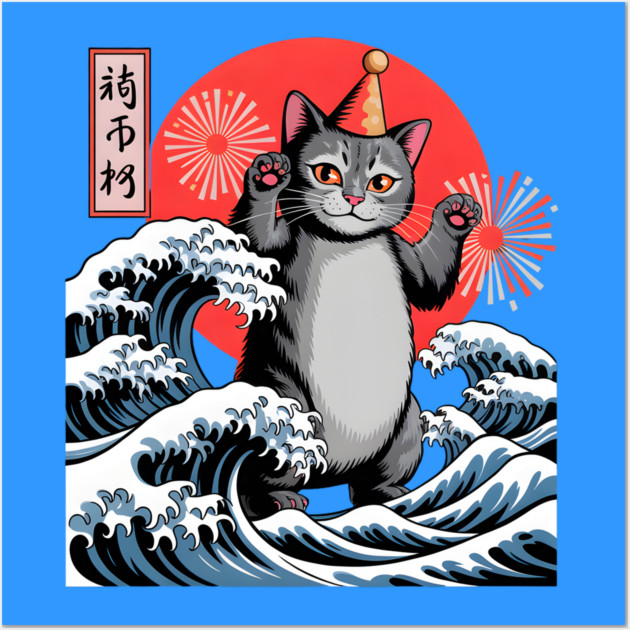 Catzilla New Year 2026 Celebration Wall Art by Creatifly Graphic Tees