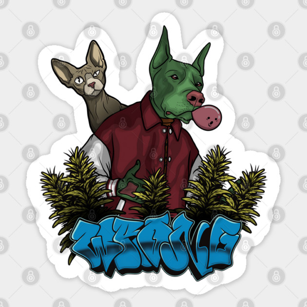 Crazy Dog with Cat in Bush Sticker by Wrong