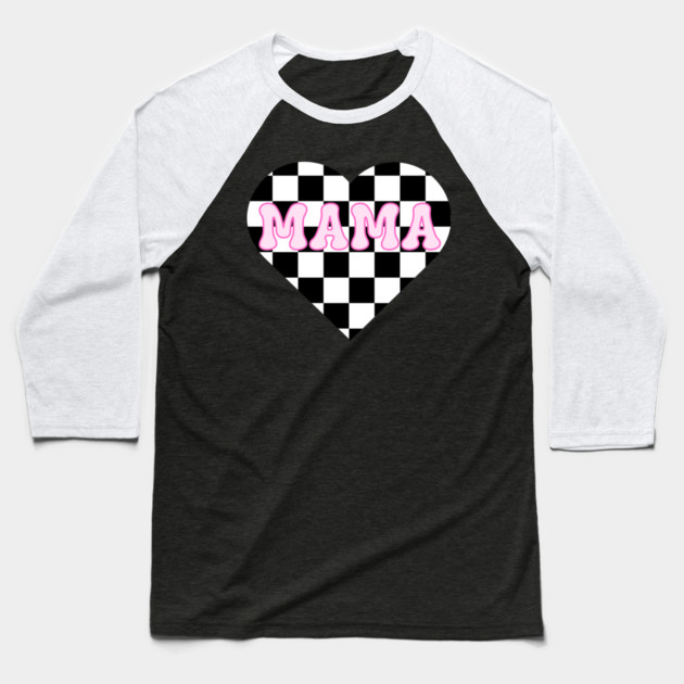 Mama’s Checkered Heart – Racing & Valentine’s Baseball T-Shirt by Inkarti