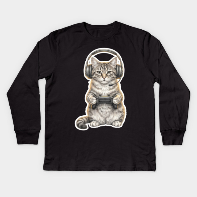 Gamer Cat Gift For Cat Lovers Kids Long Sleeve T-Shirt by ArtistTee ⭐⭐⭐⭐⭐