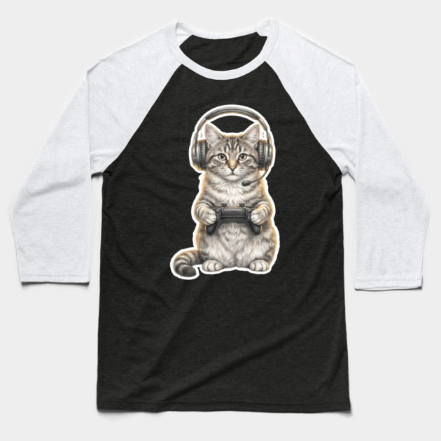Gamer Cat Gift For Cat Lovers Baseball T-Shirt by ArtistTee ⭐⭐⭐⭐⭐