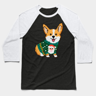 Cute Pixel Art Corgi Wearing Ugly Christmas Sweater with Santa Baseball T-Shirt