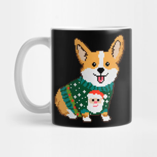 Cute Pixel Art Corgi Wearing Ugly Christmas Sweater with Santa Mug