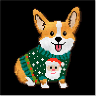 Cute Pixel Art Corgi Wearing Ugly Christmas Sweater with Santa Posters and Art