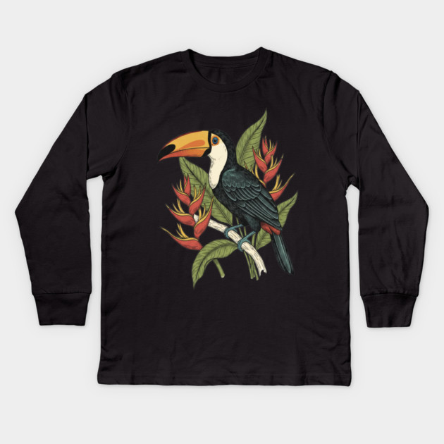 Toco Toucan Tropical Illustration Kids Long Sleeve T-Shirt by BirdsnStuff