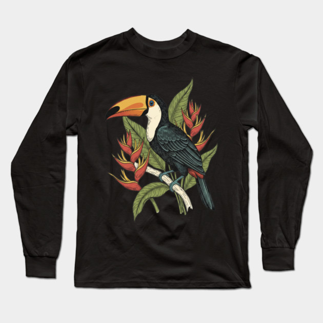 Toco Toucan Tropical Illustration Long Sleeve T-Shirt by BirdsnStuff