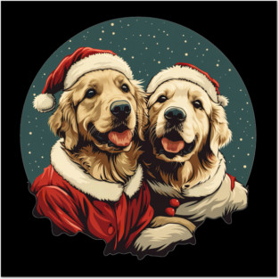 Cute Santa Golden Retriever Dogs Christmas Snowflakes Posters and Art