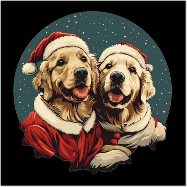 Cute Santa Golden Retriever Dogs Christmas Snowflakes Wall Art by yangho