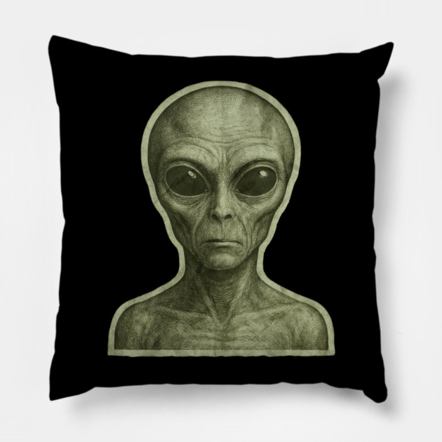 Green Alien Head, Sci-Fi Alien Design Pillow by Pixel Threads 