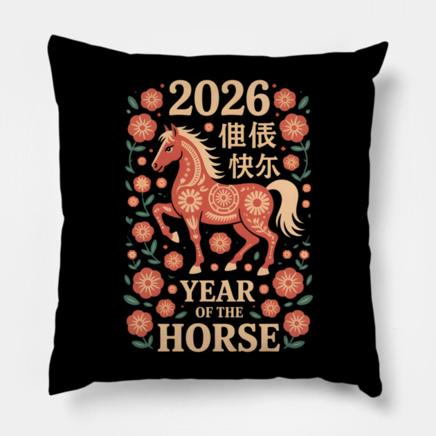 Chinese New Year 2026 Year of The Horse Pillow by Creatifly Graphic Tees