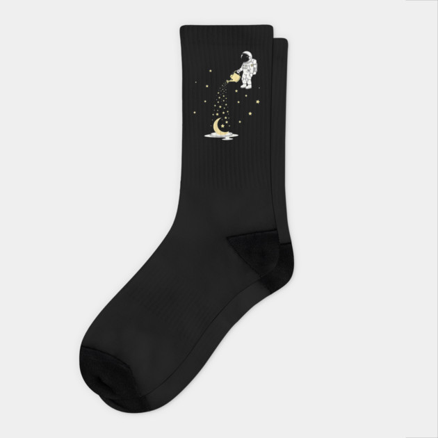 Lunar Botanist Astronaut Watering Moon and Stars Socks by Designed By Marty