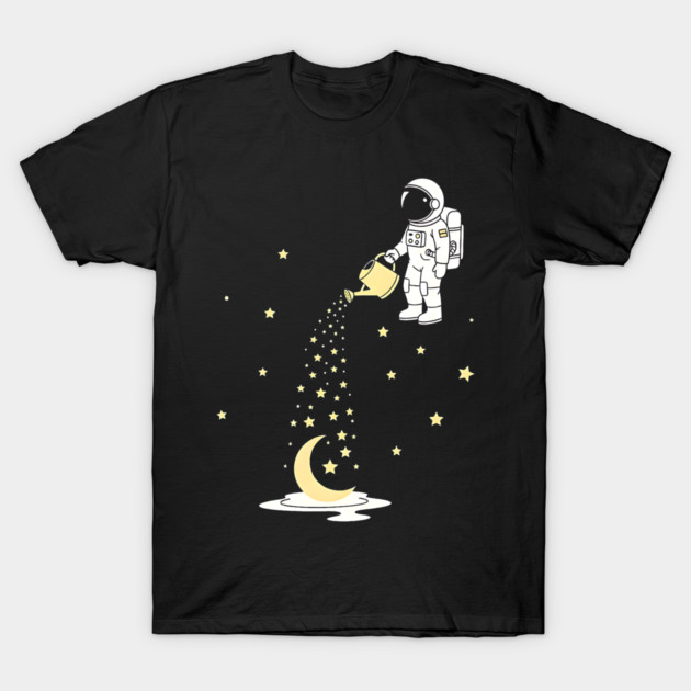 Lunar Botanist Astronaut Watering Moon and Stars T-Shirt by Designed By Marty