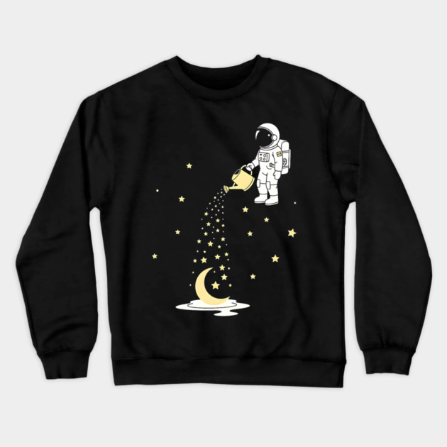 Lunar Botanist Astronaut Watering Moon and Stars Crewneck Sweatshirt by Designed By Marty