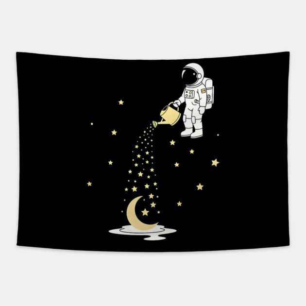 Lunar Botanist Astronaut Watering Moon and Stars Tapestry by Designed By Marty