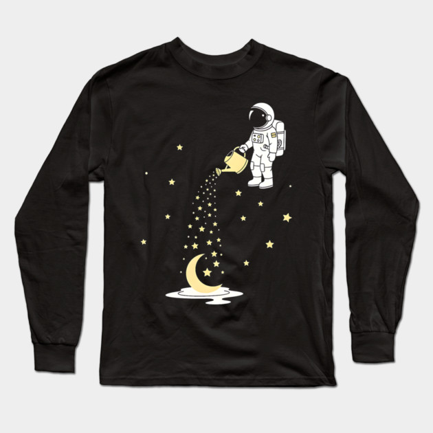 Lunar Botanist Astronaut Watering Moon and Stars Long Sleeve T-Shirt by Designed By Marty