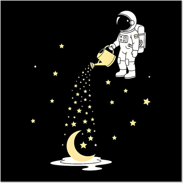 Lunar Botanist Astronaut Watering Moon and Stars Wall Art by Designed By Marty