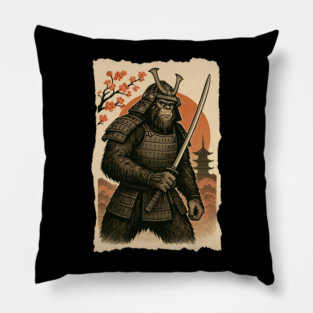 Sasquatch Bigfoot Samurai Katana, Japanese Mythical Warrior Vintage Design Pillow