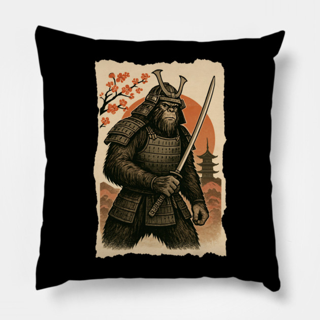 Sasquatch Bigfoot Samurai Katana, Japanese Mythical Warrior Vintage Design Pillow by Pixel Threads 