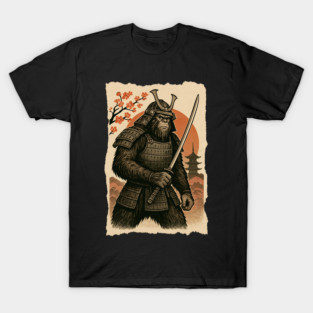 Sasquatch Bigfoot Samurai Katana, Japanese Mythical Warrior Vintage Design T-Shirt
