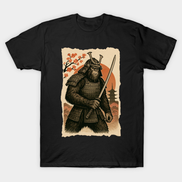 Sasquatch Bigfoot Samurai Katana, Japanese Mythical Warrior Vintage Design T-Shirt by Pixel Threads 