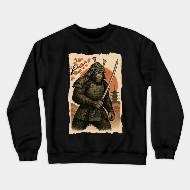 Sasquatch Bigfoot Samurai Katana, Japanese Mythical Warrior Vintage Design Crewneck Sweatshirt by Pixel Threads 