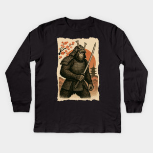 Sasquatch Bigfoot Samurai Katana, Japanese Mythical Warrior Vintage Design Kids Long Sleeve T-Shirt
