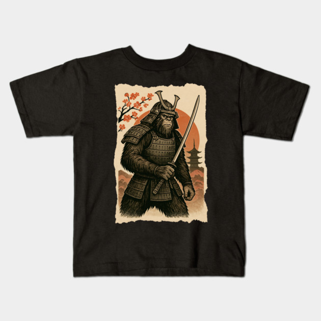 Sasquatch Bigfoot Samurai Katana, Japanese Mythical Warrior Vintage Design Kids T-Shirt by Pixel Threads 