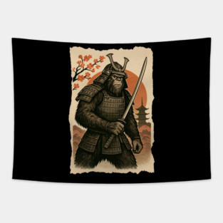 Sasquatch Bigfoot Samurai Katana, Japanese Mythical Warrior Vintage Design Tapestry