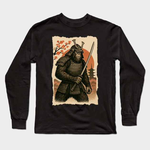 Sasquatch Bigfoot Samurai Katana, Japanese Mythical Warrior Vintage Design Long Sleeve T-Shirt by Pixel Threads 