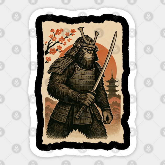 Sasquatch Bigfoot Samurai Katana, Japanese Mythical Warrior Vintage Design Sticker by Pixel Threads 