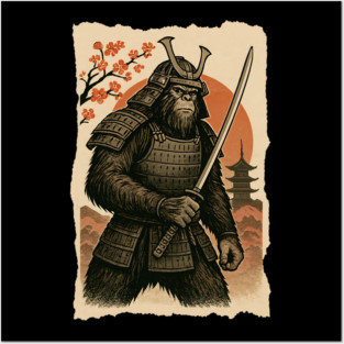 Sasquatch Bigfoot Samurai Katana, Japanese Mythical Warrior Vintage Design Posters and Art