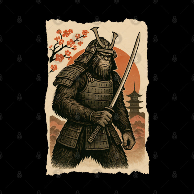 Sasquatch Bigfoot Samurai Katana, Japanese Mythical Warrior Vintage Design by Pixel Threads 