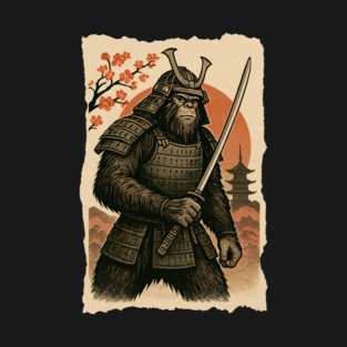 Sasquatch Bigfoot Samurai Katana, Japanese Mythical Warrior Vintage Design T-Shirt