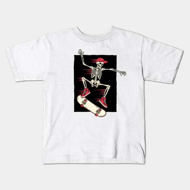 Rad Skeleton Skateboarder Shredding Kids T-Shirt by enrynz