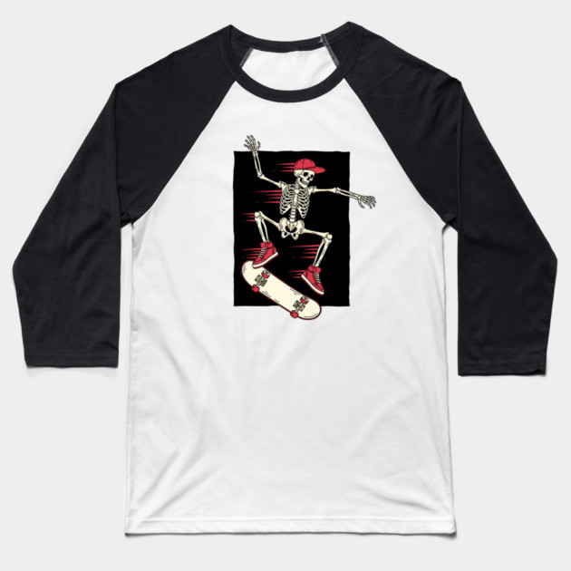Rad Skeleton Skateboarder Shredding Baseball T-Shirt by enrynz