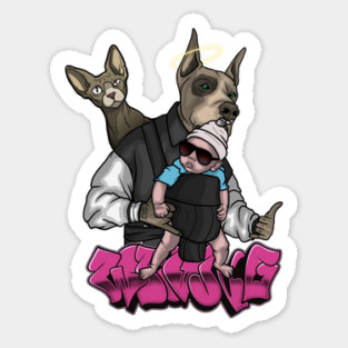 Crazy Dog with Baby and Cat behind Sticker