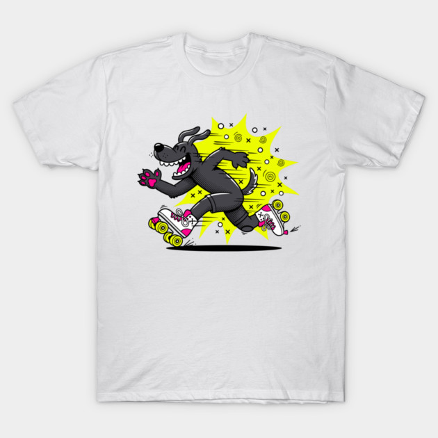 Speedy Grinning Dog Roller Skating Frenzy! T-Shirt by enrynz