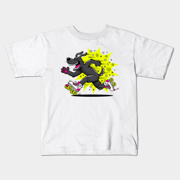 Speedy Grinning Dog Roller Skating Frenzy! Kids T-Shirt by enrynz