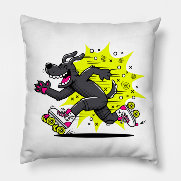 Speedy Grinning Dog Roller Skating Frenzy! Pillow by enrynz